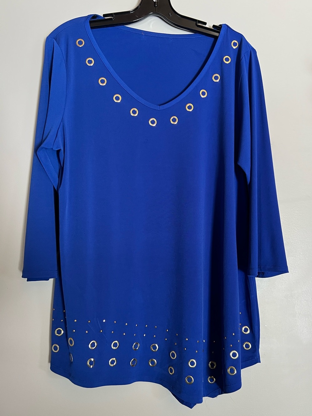 Royal Blue Grommet Stud Embellished Scoop Neck Tunic Top Three Quarter Sleeve XL
